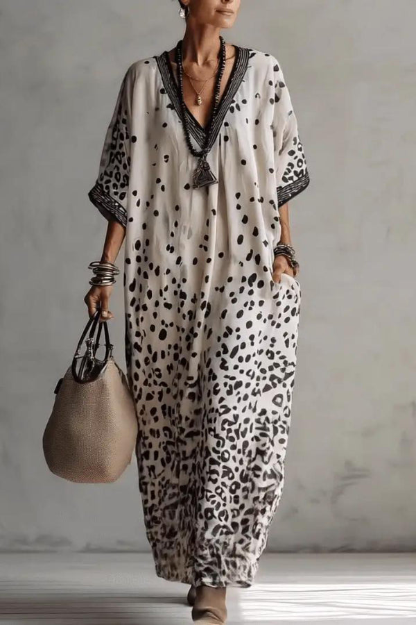 Cardydony Women's  Unique Print V-Neck Half Sleeve Loose Casual Maxi Dress