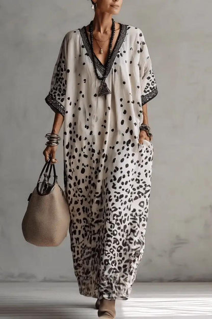 Cardydony Women's  Unique Print V-Neck Half Sleeve Loose Casual Maxi Dress