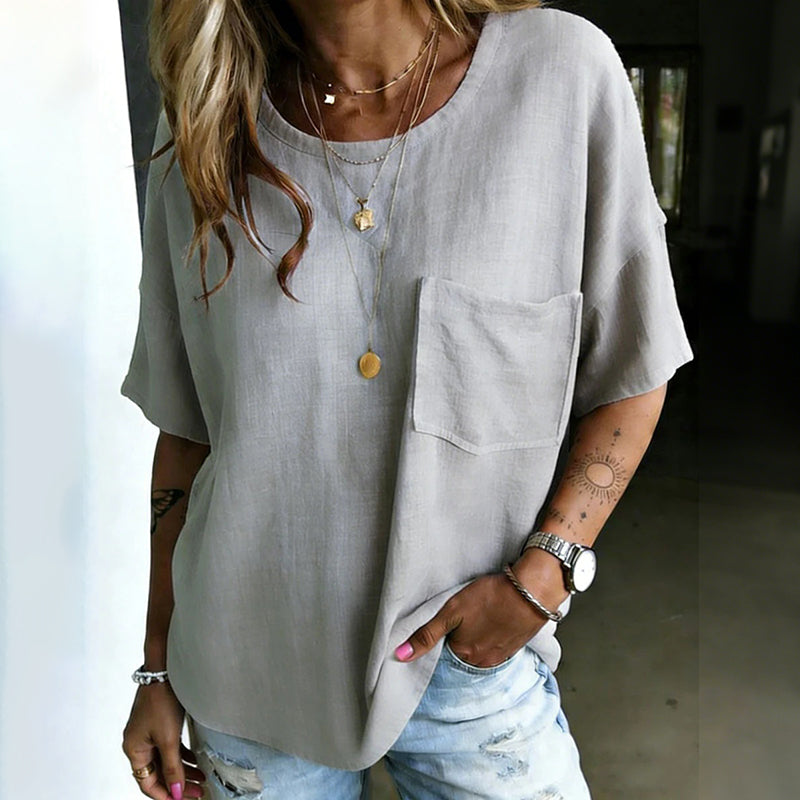 Cardydony Women's Vintage Casual Cotton And Linen Loose Pocket Top