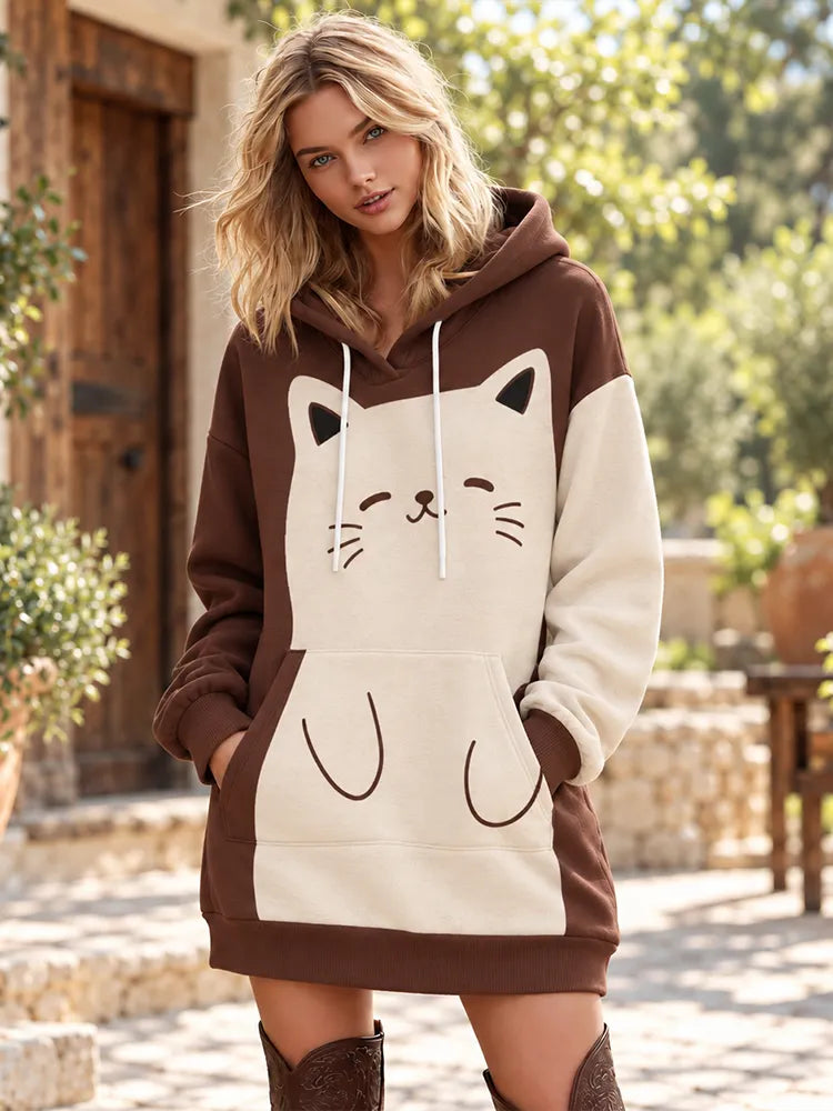 Cardydony Women's Cute Cat Face Brown And Beige Colorblock Hoodie Sweatshirt