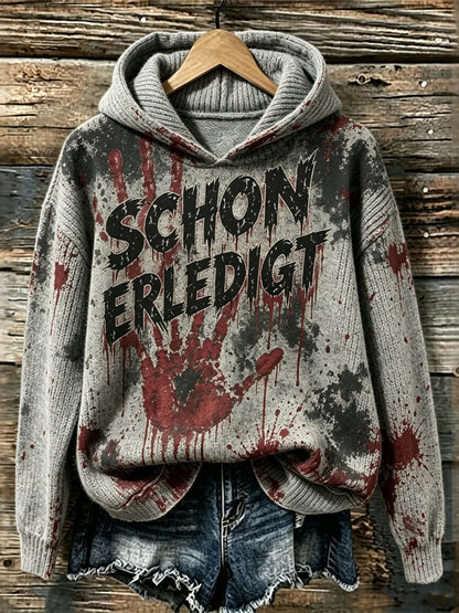 Cardydony Women's Halloween Handprint Bloodstain Schon Erledigt Printed Hooded Sweater