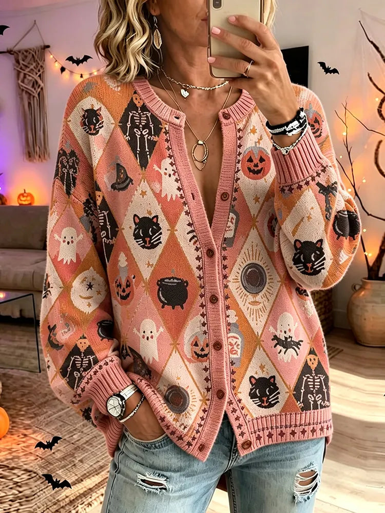 Cardydony Halloween Cat And Wizard Pattern Comfortable Women's Cardigan Sweater