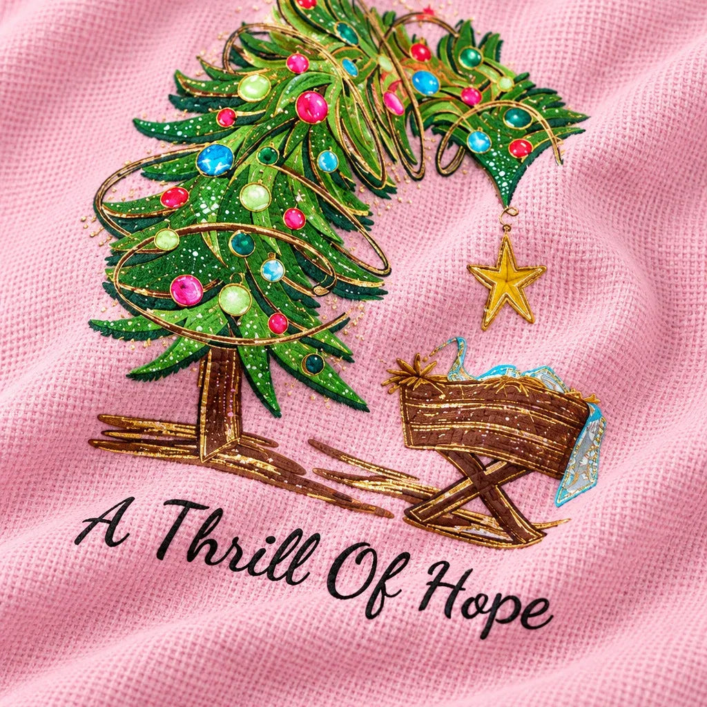 Cardydony Women's Festivel Christmas Tree A Thrill Of Hope Print Three-quarter Sleeve V Neck T-shirt