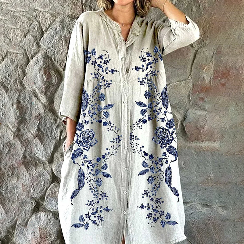 Cardydony Women's Rose Floral Print Shirt Cotton And Linen Dress