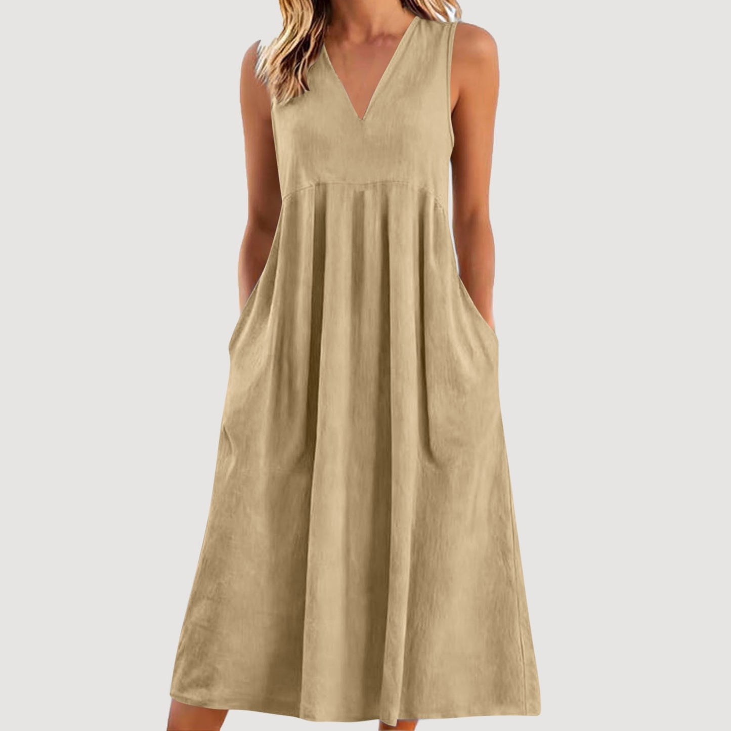 Cardydony Women's Solid Color V-neck Sleeveless Linen Blend Midi Dress