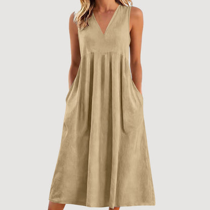 Cardydony Women's Solid Color V-neck Sleeveless Linen Blend Midi Dress