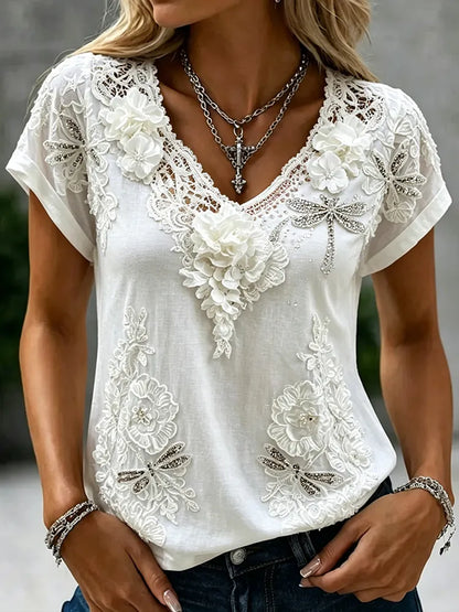 Cardydony Women's Retro Vacation Floral Dragonfly Linen Top