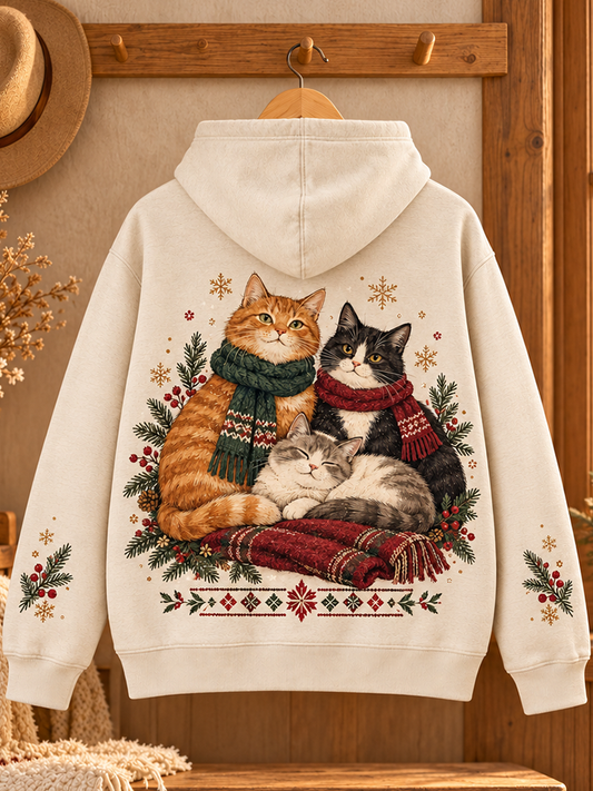 Cardydony Women's Christmas Cozy Cats With Scarves Graphic Fleece Hoodie