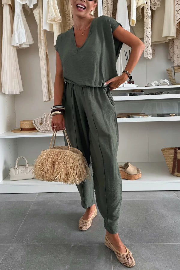 Cardydony Women's  Linen Blend Solid Color V-neck Short-sleeved Top and Elastic Waist Pocket Bloomers Pants Set