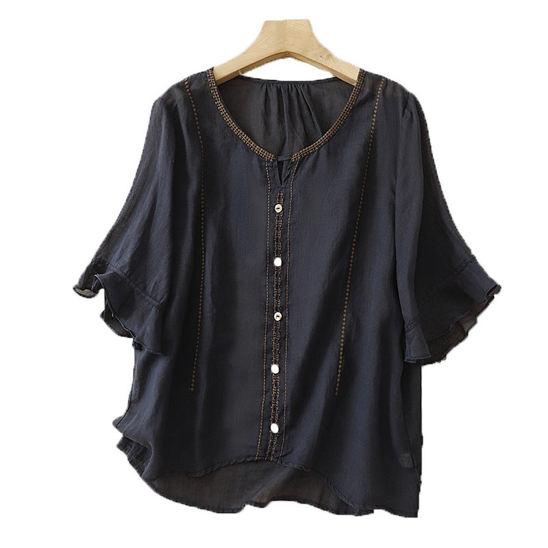Cardydony Women's Retro Five-sleeve Pure Cotton Linen T-shirt