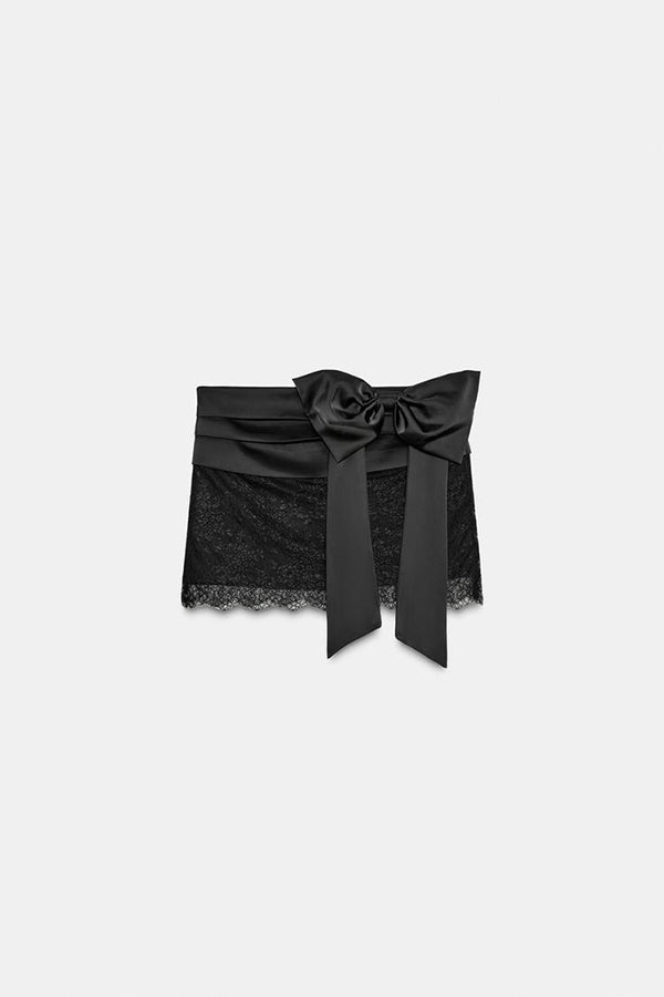 Cardydony Women's Anna Satin Bow Appliqué Mid Rise Lace Hem Mini Skirt
