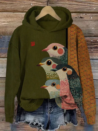 Cardydony Women's Japanese Retro Rainbow Bird Print Hooded Sweatshirt