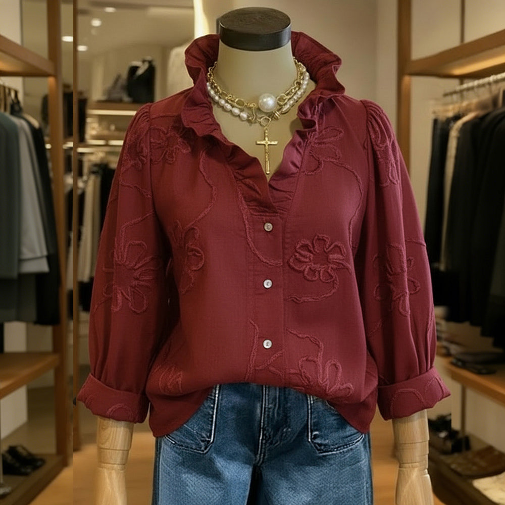 Cardydony Vintage Floral Pattern Ruffled Collar Comfy Shirt