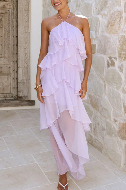 Cardydony Women's Solid Color Chiffon Halter Neck Elegant Ruffle Maxi Dress