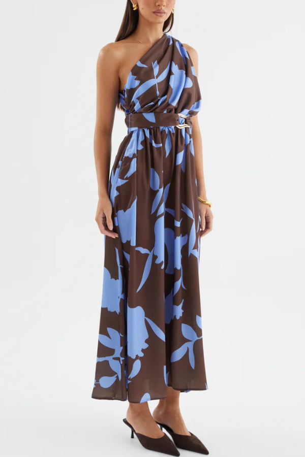 Cardydony Women's Unique Printed One-Shoulder Belt Casual Holiday Maxi Dress