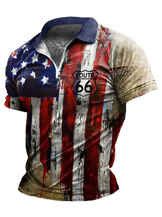 Cardydony Men's Retro American Flag Veterans Print Zipper Up Polo Shirt