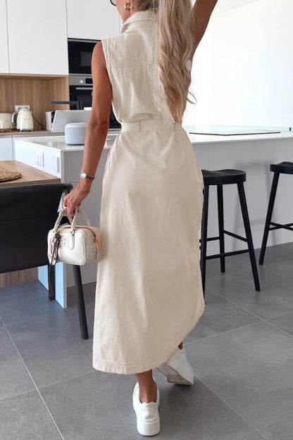 Cardydony Women's Solid Color Sleeveless Single Breasted Waist Tie Casual Pocket Denim Midi Dress
