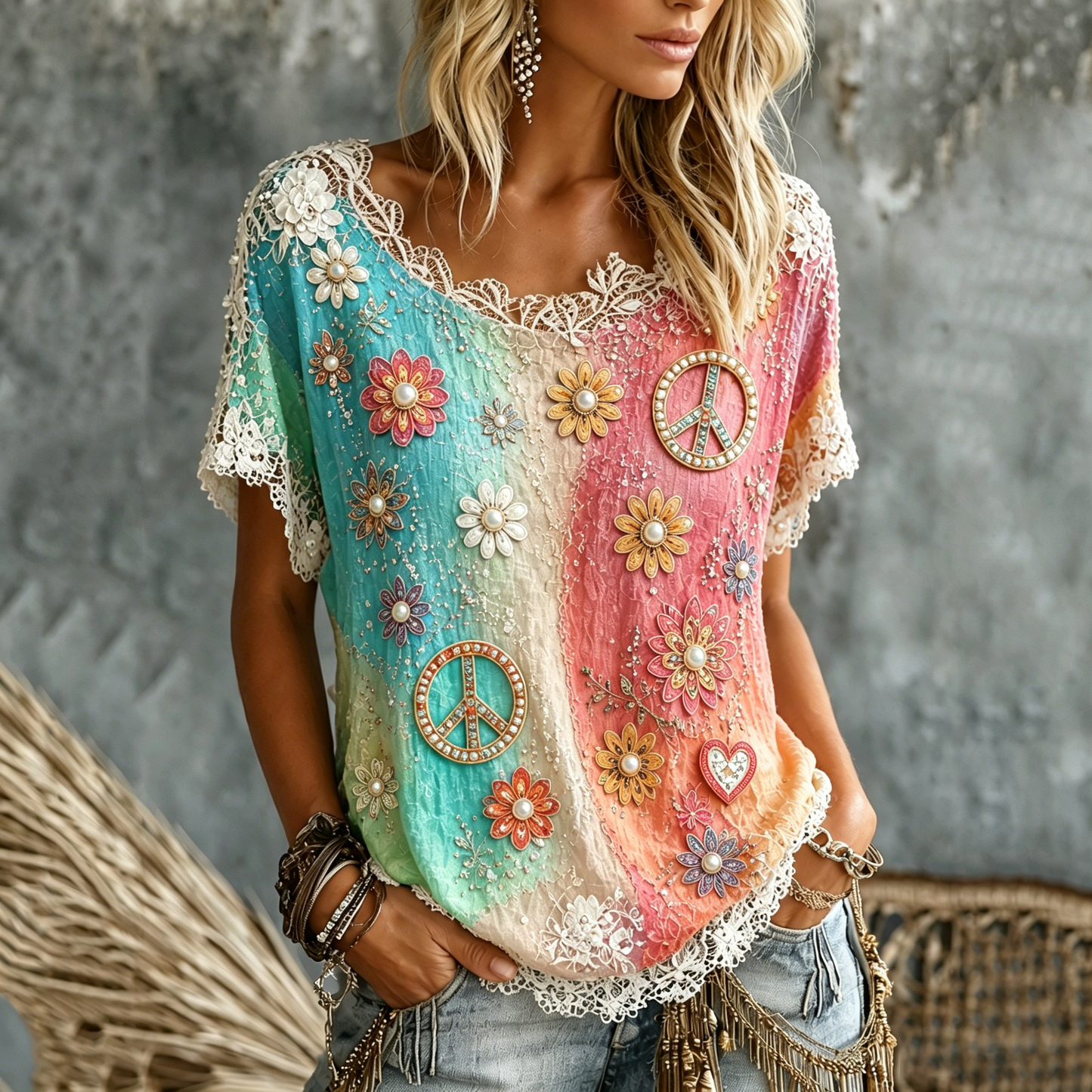 Cardydony Women's Pearl Floral Peace Sign Tie Dye Art Print Casual T-shirt