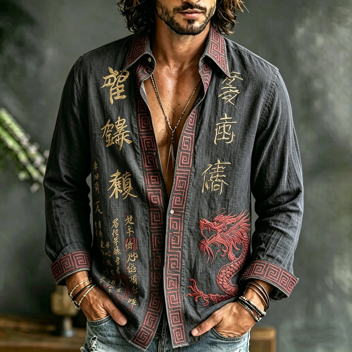 Cardydony Men's Retro Japanese Calligraphy And Dragon Art Pattern Casual Linen Blend Shirt
