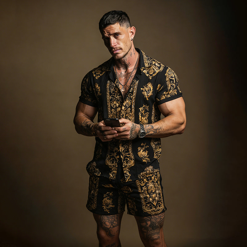 Cardydony Men's Fashion Baroque Pattern Cuban Shirt And Shorts Two-piece Set