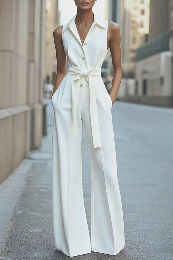 Cardydony Women's Fashion Lapel Sleeveless High Waist Tie Casual Pocket Wide Leg Jumpsuit