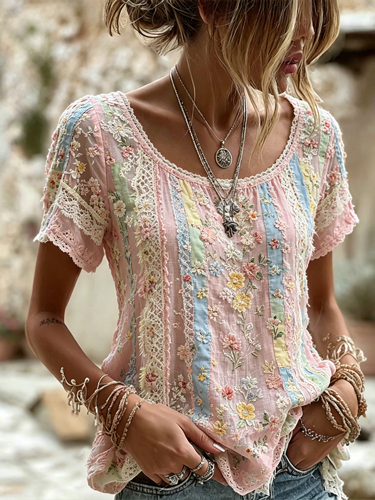 Cardydony Women's Handmade Floral Embroidery And Lace Art Splicing Lightweight Cotton Linen Round Neck Short Sleeve Top