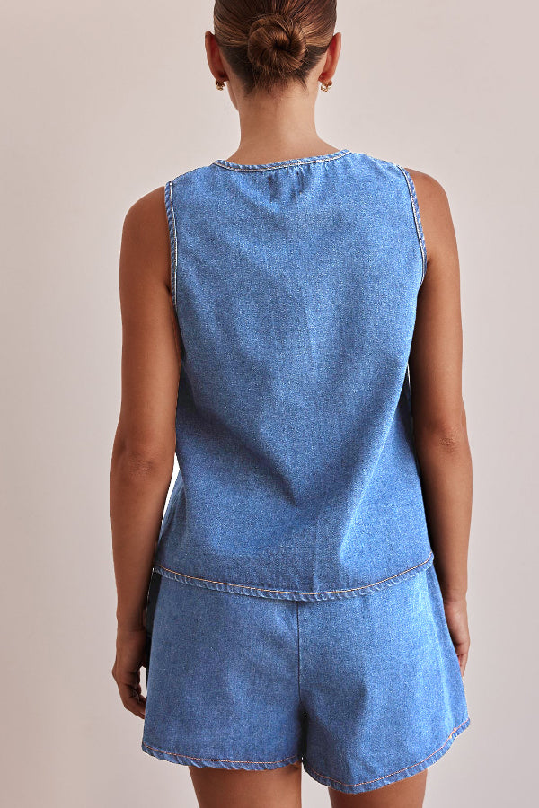 Cardydony Women's  Stylish Sleeveless Round Neck Tie-up Casual Denim Vest