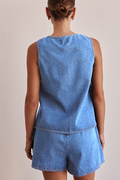 Cardydony Women's  Stylish Sleeveless Round Neck Tie-up Casual Denim Vest
