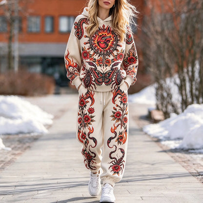 Cardydony Women's Vintage Heart And Floral Print Hoodie And Pants Set