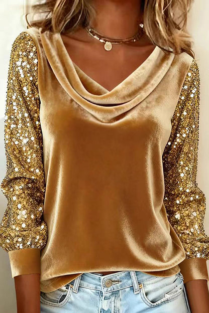 Cardydony Women's Stylish Velvet Sequin Patchwork Long-sleeved Casual Top