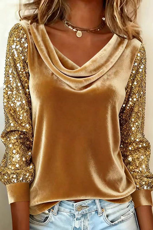 Cardydony Women's Stylish Velvet Sequin Patchwork Long-sleeved Casual Top