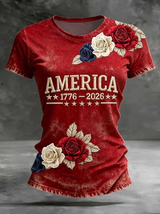Cardydony Women's Casual American 250th Anniversary In Rose Art Casual T Shirt