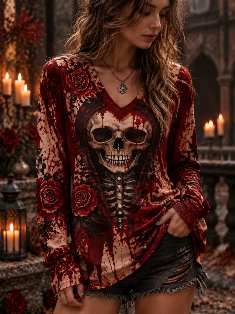 Cardydony Women's Halloween Skull Rose Bloodstain Print V-neck Long Sleeve Top