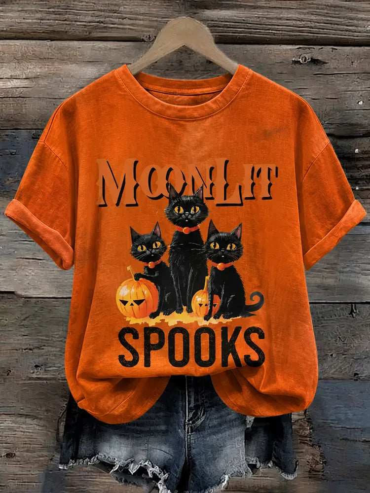 Cardydony Women's Halloween Three Cats Under Moonlight Print Casual Crewneck Short Sleeve T-shirt