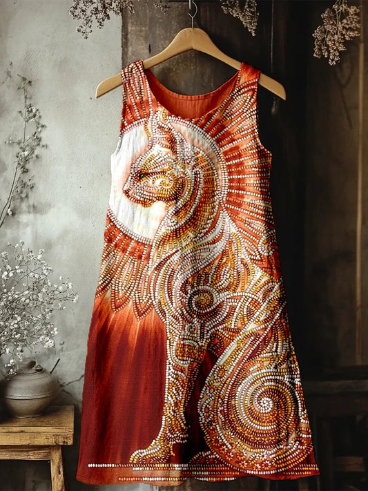 Cardydony Egyptian Cat Goddess Bast Bead Embroidered Linen Midi Dress