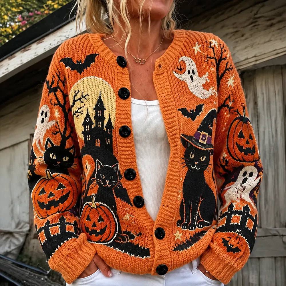 Cardydony Women's Orange Halloween Castle And Black Cat Cardigan