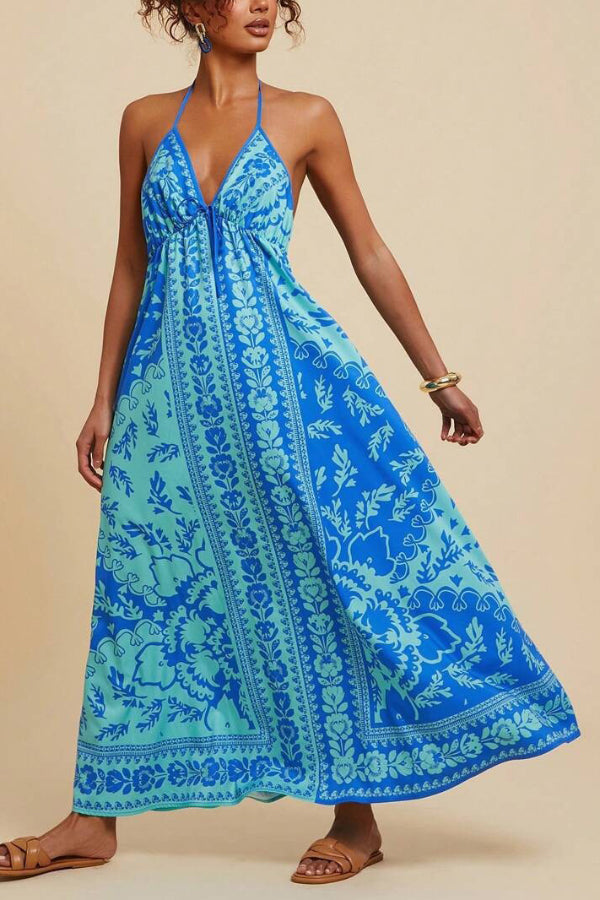 Cardydony Women's Unique Printed V-neck Backless Casual Vacation Maxi Dress