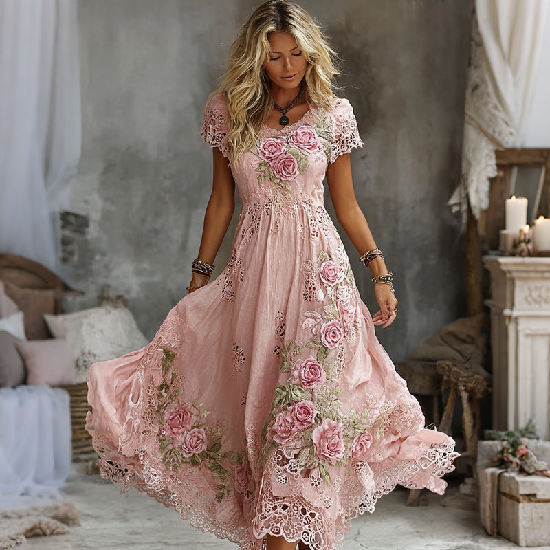 Cardydony Women's Vintage Rose Floral Art Embroidery Casual Maxi Dress