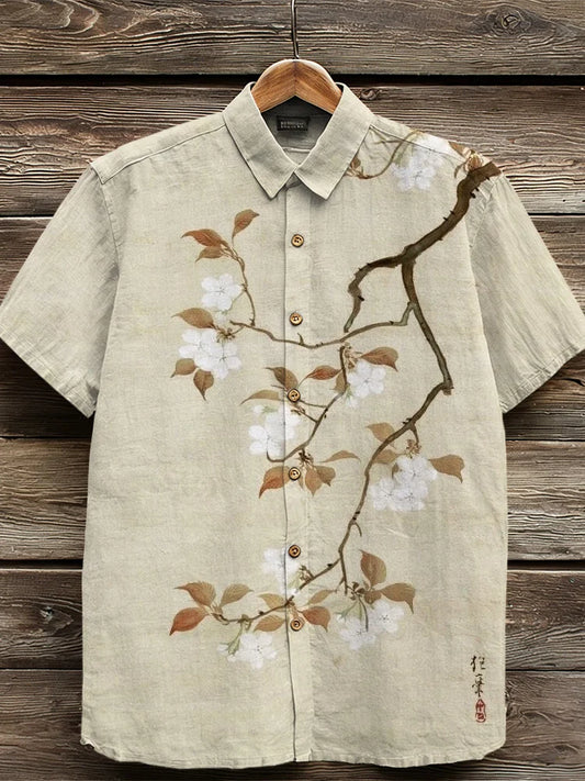 Cardydony Retro Japanese Cherry Blossom Art Linen Shirt