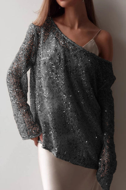 Cardydony Women's Fashionable Sequined Cutout Casual Long-sleeved Loose Cover-up Top