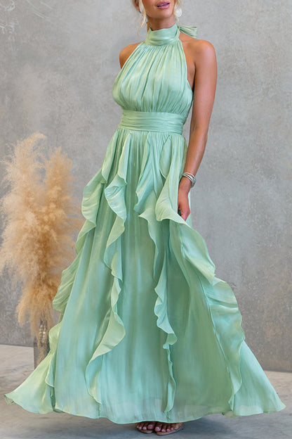 Cardydony Women's Coral Textured Metallic Chiffon Material High Tie Neck Ruffles Maxi Dress