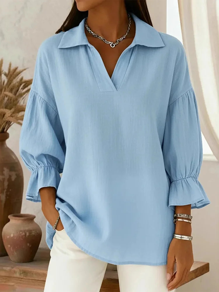 Cardydony Women's Solid Color Collared Cotton-Linen Blend Long Sleeve Loose Blouse