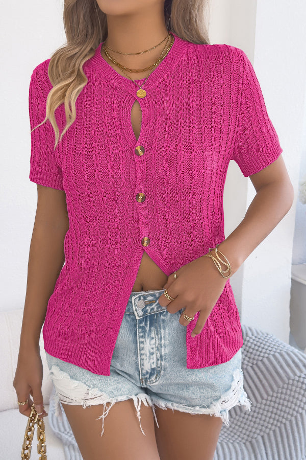 Cardydony Women's Solid Color Openwork Round Neck Short-sleeved Knit Cardigan