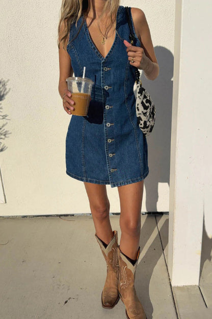 Cardydony Women's Stylish Sleeveless V-neck Buttons Tie-up Denim Mini Dress