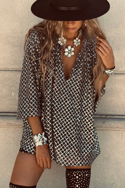 Cardydony Women's All about Glam Collar Sequin V-neck Half Sleeve Loose Top
