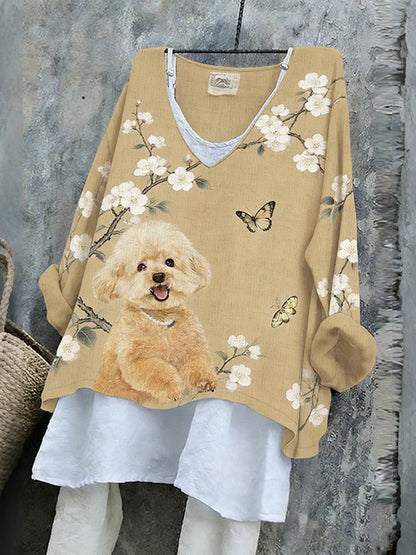 Cardydony Women's Cute Poodle With Pear Blossom Art V-neck Linen Blend T-shirt