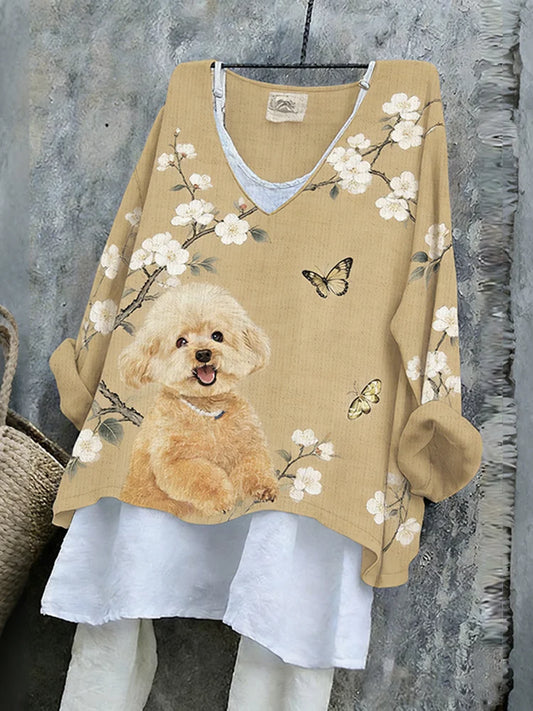 Cardydony Women's Cute Poodle With Pear Blossom Art V-neck Linen Blend T-shirt