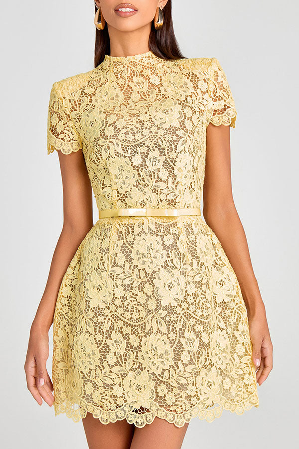 Cardydony Women's Champagne Toast Flower Lace Short Sleeve Bow Belted Mini Dress