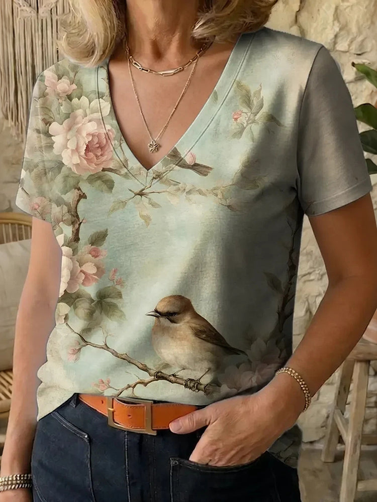 Cardydony Women's Floral And Bird Print V-neck Short Sleeve T-shirt