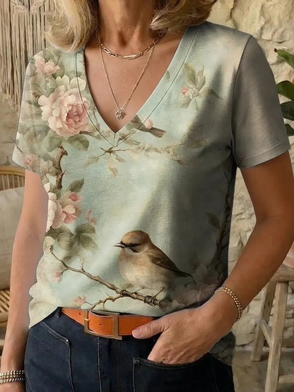 Cardydony Women's Floral And Bird Print V-neck Short Sleeve T-shirt